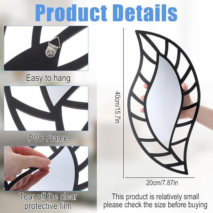 2 Pack Leaf Teardrop Wall Mirrors, 7.87x15.75 inches Black Decorative Wall Mounted Mirrors Acrylic Walls Mounted Decorations for Living Room Bedroom Bathroom Vanity Entryway Home Decor - Image 2