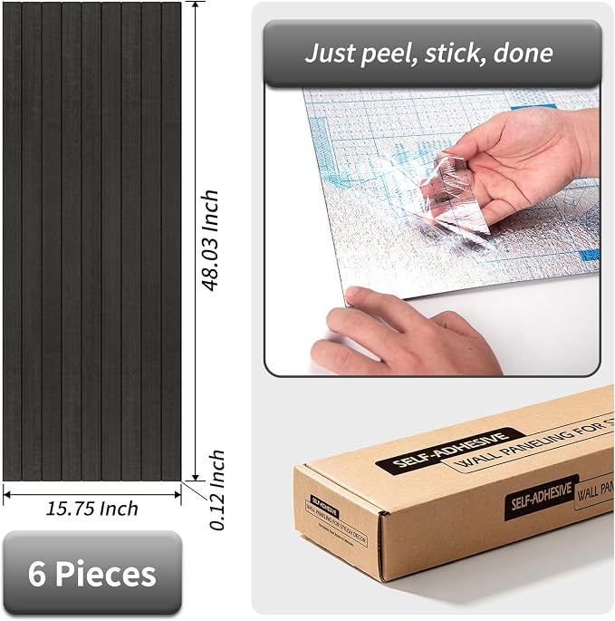 AMZDEPOT Peel and Stick Wood Panels for Wall, 6 Pack, Black Wood | Self-Adhesive Slat Wall Panels, PVC Thick, 3D Wood Grain Wallpaper, for Walls and Ceilings, 48"x15.75", Packed in Long Boxes - Image 4