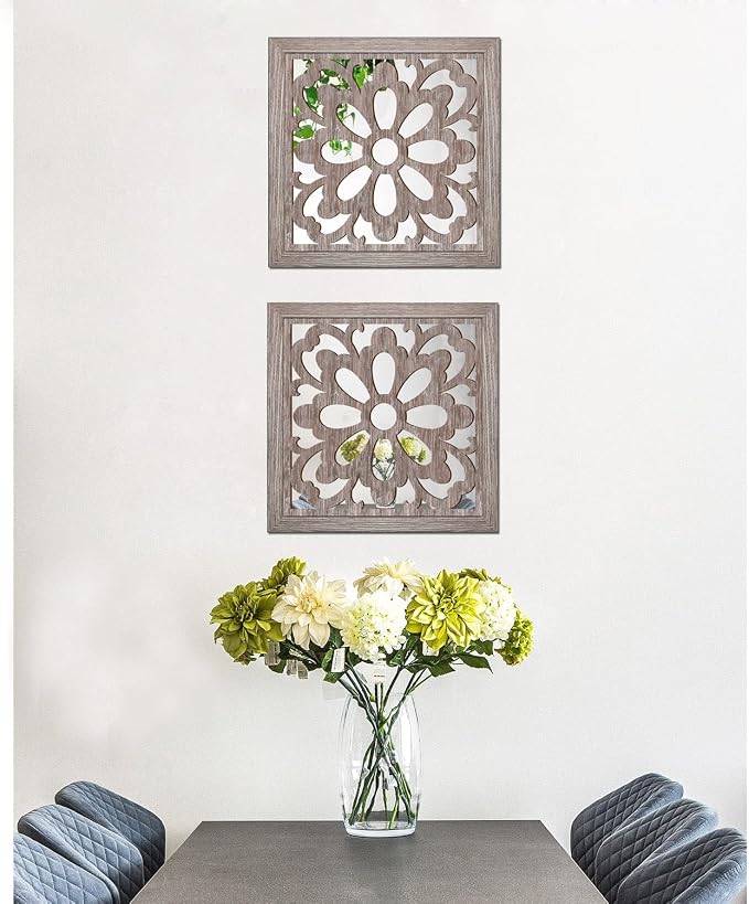 Yudarte 2pcs Set Square Mandala Cutout Wall Mirror Decor - Farmhouse Rustic Decorative Mirrors for Bedroom Bathroom Living Room Kitchen Entryway 12x12 Inches - Image 6