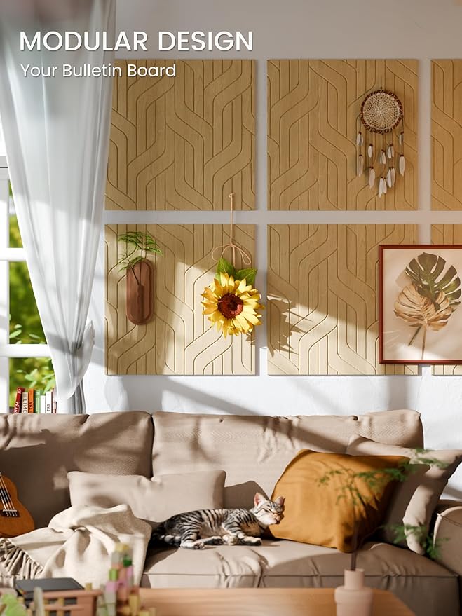 Fluxynara 6-Pack Large Felt Bulletin Board, Natural Oak Artistic | 70.87" x 47.24" Cork Board Alternative, Acoustic Wall Panels with 60 Adhesive Tabs for Recording Studios and Home Offices - Image 5