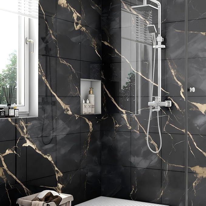 Chejiaye 22pcs Marble Peel and Stick Backsplash Waterproof Washroom Wall Panels, Peel and Stick Tile, PVC Foam Wall Panels for Kitchen,Bathroom,Living Room,Black Gold(Not Real Tile,11.8" x 11.8") - Image 3