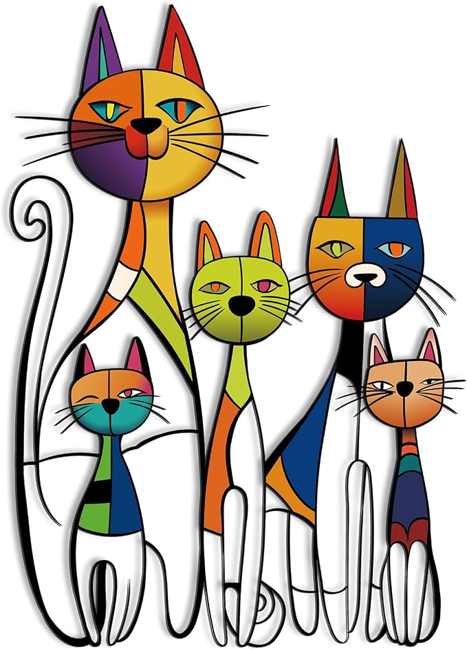 Wesiti Cat Wall Art Metal Sculpture, Colorful Mid Century 10.6x15.7 Inch | Iron Metal Wall Decor for Cat Lovers, Retro Geometric Art Design, Ideal for Living Room Bedroom Office by Unteilti
