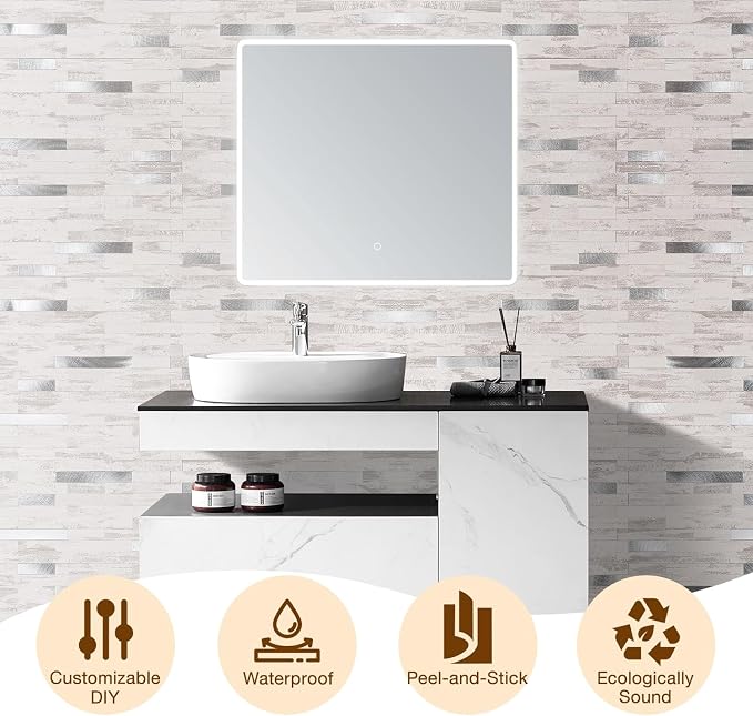 Peel and Stick Backsplash Tile Waterproof Removable PVC Wall Sticker 3D Faux Stone Marble Brick White Accent Panels (Polished Eurasia Silver - Gray, 40 Tiles - 18 sq. ft. (1.68 m²)) - Image 8