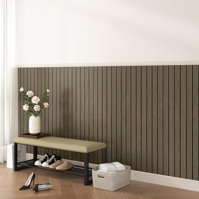 Dark Brown Wood Wall Panels Horizontal Wood Slat Contact Paper | Acoustic Slat Wall Paneling, 3D Acoustic Panels, Soundproof Foam Wallpaper for Bedroom, Bar Cabinet, Living Room, 11.8"x118" - Image 5