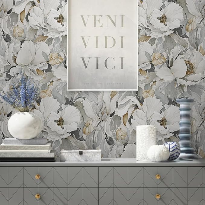 MuralPeel White Poppies Floral Modern Grey Peonies Flowers Peel and Stick Wallpaper Self Adhesive Removable Easy Peel Off Stick on Wall Paper for Bedroom Renter - Image 4
