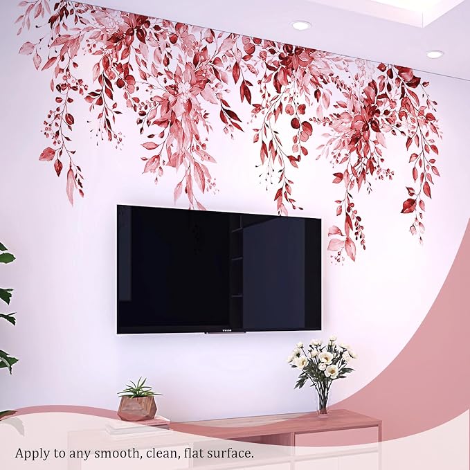 Burgundy Red Plants Leaves Wall Decals Peel and Stick, Large Floral Flowers Vinyl Wall Stickers, Removable Vine Home Decor Art for Bedroom Living Room Classroom Office - Image 5