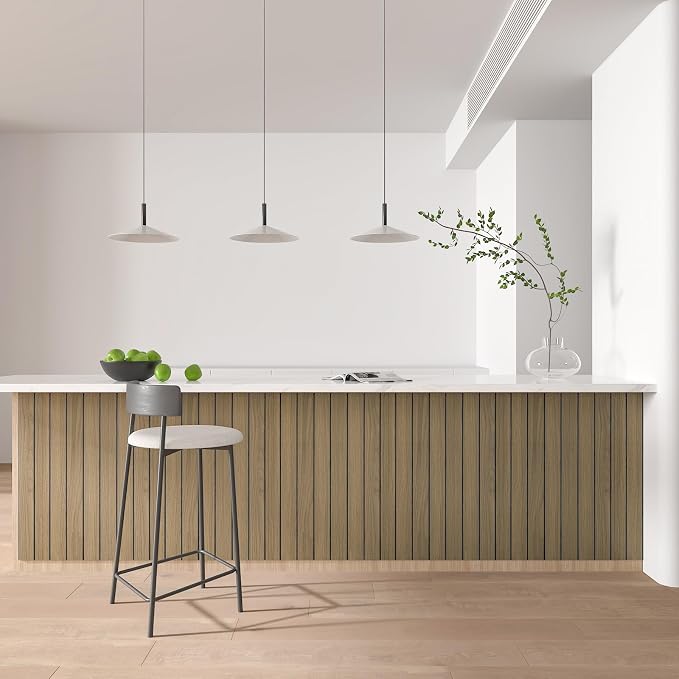 CHIHUT Wood Slat Wall Panel Peel and Stick Light Brown kitchen Island Celling Wallpaper Decorative 3D Thicken Foam Soundproof Wood Paneling Roll for Interior Wall Décor TV Background Farmhouse 12"x79" - Image 5
