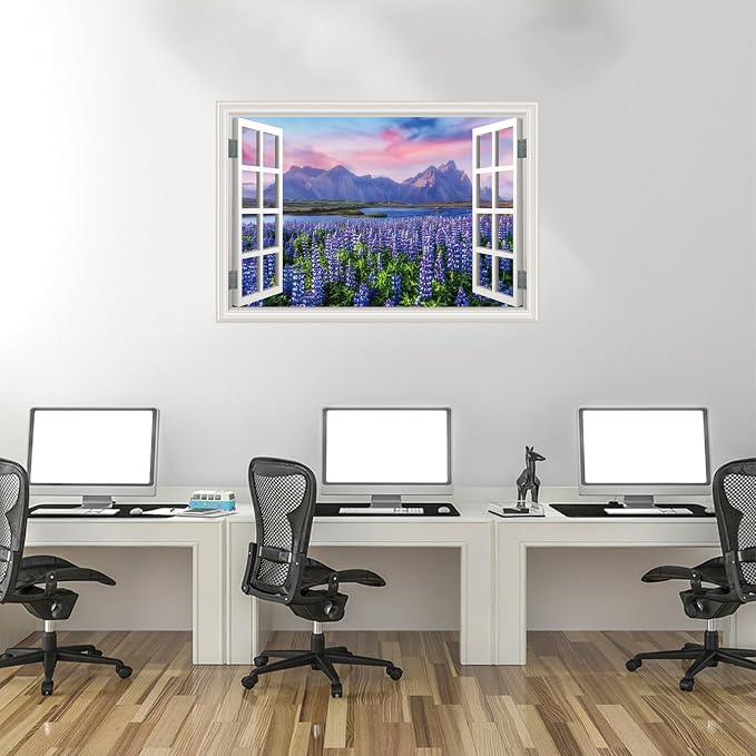 Fake Window Wall Decal- Mountain Lake Lavender Flower Open Wall Art Sticker | Faux Window Natural Scenery Landscape Mural｜Stick and Peel Wall Decals｜for Home Office Scene Decor｜48"x32",Set of 2 Sheets - Image 6