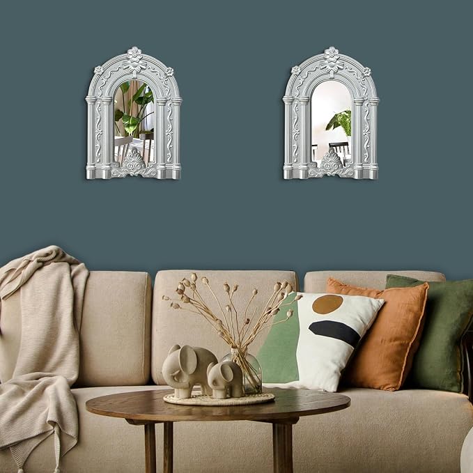 ZEXUIRU 2 Set Rustic Wall Mirrors for Bedroom Bathroom Living Room Entryway Wood Farmhouse Easy to Hang Framed Decorative Accent Hanging Wall-Mounted Mirror Set for Living Room - Silver - Image 5