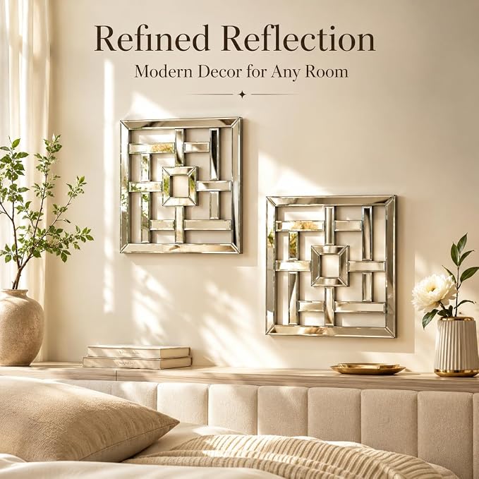 Square Decorative Wall Mirror 12 x 12 Inch, Silver Frameless Mirror Wall Decor with Beveled Edge, Modern Wall Mounted Accent Mirror for Living Room, Bedroom, Hallway, Set of 2 - Image 6