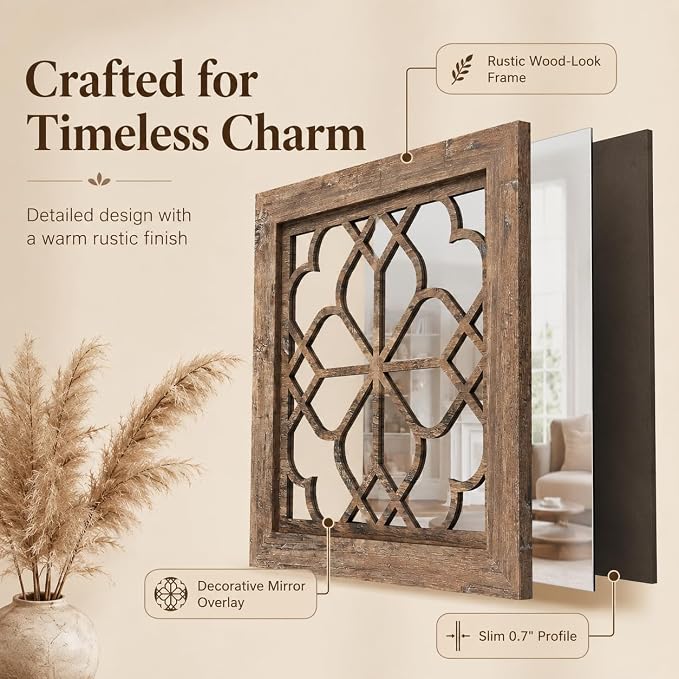 Set of 4 Boho Wall Mirrors with Carved Floral Design, 12x12 Inch Rustic Farmhouse Accent Mirrors, Vintage Style Shatterproof Square Mirror Decor for Living Room, Bedroom，Maroon - Image 3