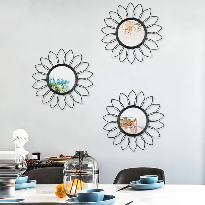 3 Pack Metal Mirrors for Wall Sunburst Wall Mirrors Home Décor Decorative Hanging Wall Art for Living Room Bedroom Entryway (Black, Flowers) - Image 3