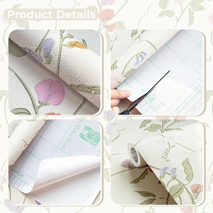 17.3" x 393.7" Vintage Wallpaper Peel and Stick Beige Floral Wallpaper Leaf Contact Paper Vinyl Waterproof Self Adhesive Boho Botanical Wall Paper for Bedroom Shlef Cabinet Decor - Image 2