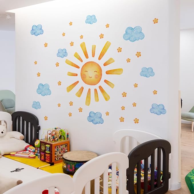 35.4 ×11.8 Inch Sun Clouds Wall Decal Watercolor Mural Modern Vinyl Removable Peel Stick Sticker for Nursery Room Playroom Living Room Bedroom Decor - Image 6