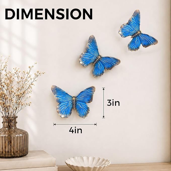 GUSFREUD 3D Butterfly Wall Decor Set – Resin Wall Decor for Living Room, Bedroom, Bathroom, Dining Room, Outdoor and Gallery Walls - Antique Blue - Set of 3 - Image 3