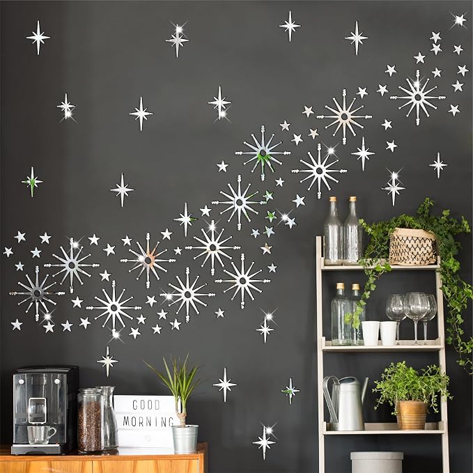 Star Wall Decals MCM Starburst Stickers Silver Mirror Decal Peel and Stick | Celestial decor, sparkle wall stickers, modern mid century decor, removable art mural, for kids bedroom living room farmhouse - Image 8