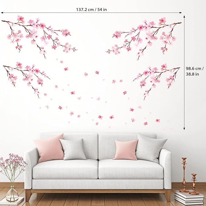 DECOWALL Pink Cherry Blossom Wall Decals Stickers for Home (DS12-2003P1903) | Watercolor branches with falling petals; peel and stick removable floral decor for bedroom, nursery, TV background and office - Image 5