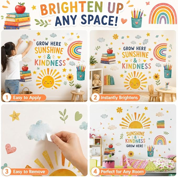 Boho Sun Wall Decal Watercolor Modern Half Sun Wall Decal Sun Rainbow Books Wall Stickers Vinyl Sticker for Classroom Playroom Bedroom Wall Decor - Image 3