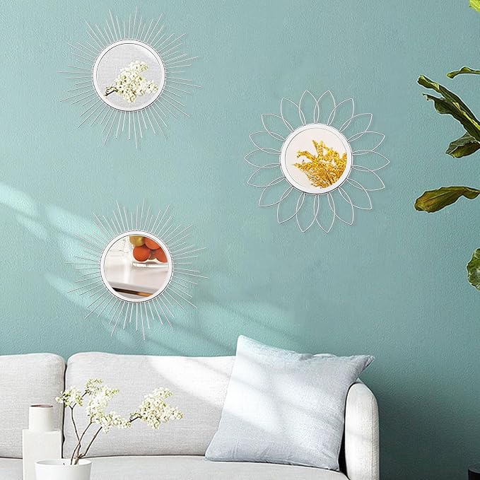 3 Pack Metal Mirrors for Wall Sunburst Wall Mirrors Home Décor Decorative Hanging Wall Art for Living Room Bedroom Entryway (Silver, Flower+Sunburst) - Image 6