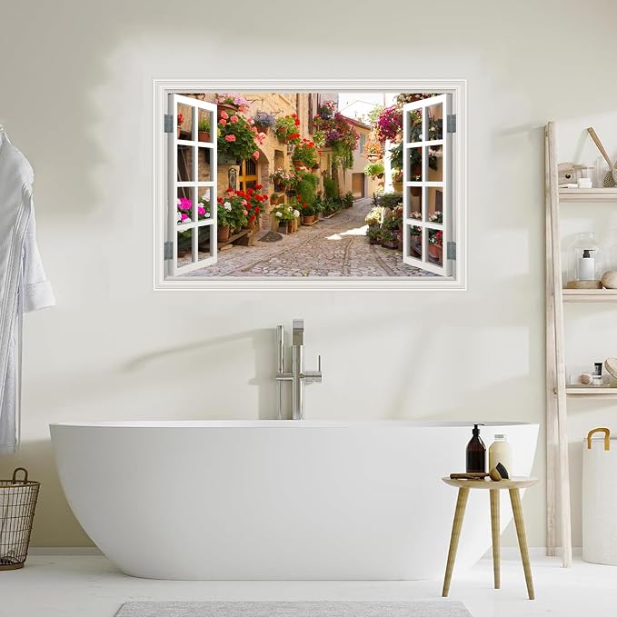 Fake Window Wall Decals Spring Italy Rose Alley Flower Wall Art Sticker | ｜Faux Window Natural Scenery Landscape Mural ｜ Stick and Peel Wall Decal｜Room Bedroom Office﻿ Decor｜48"x32",Set of 2 Sheets - Image 7