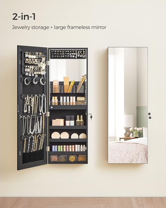 SONGMICS Mirror Jewelry Cabinet Armoire, Wall or Door Mounted, Lockable - Image 2