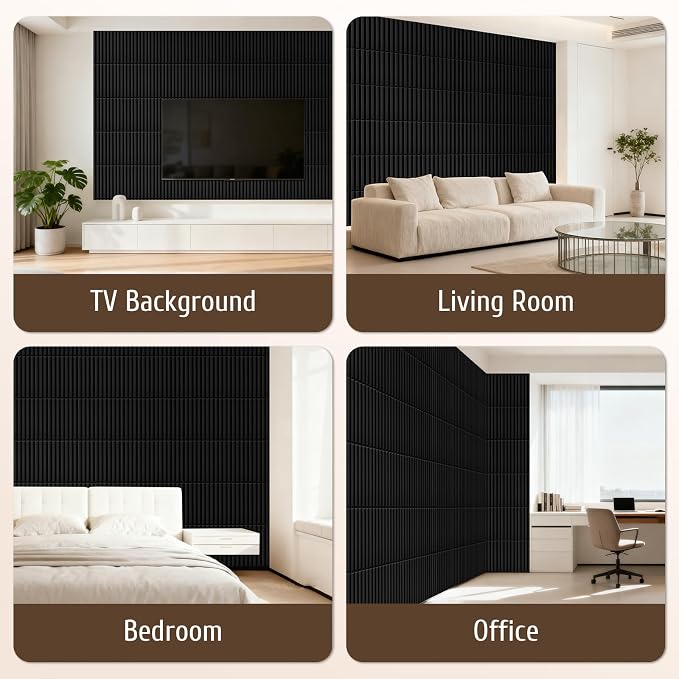 33 Pcs Black 3D PVC Wall Panels 12X12in, Interior Fluted Accent Wall Decor | Modern Decorative Wall Tiles, Textured Wall Panels for Bedroom, Bathroom, Living Room, Ceiling, TV Background - Image 2