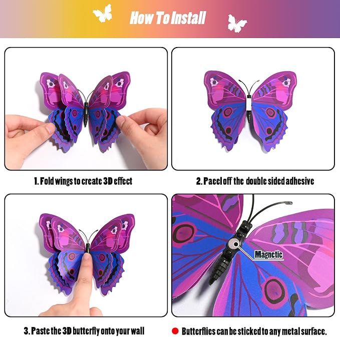 SAOROPEB 3D Butterfly Wall Decor, 72 Pcs Purple Butterfly Decorations | Double Layer for Party Decorations Locker Decor Refrigerator Decal, Reusable - Image 7