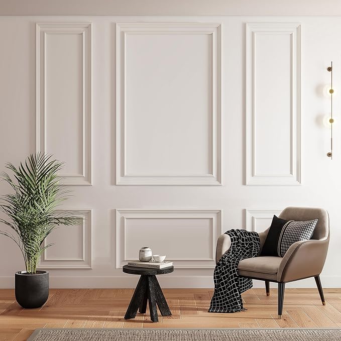 JBER Peel and Stick Wall Molding Kit, 6 Pre-Cut Bilinear Frame Panels | Ready-to-assemble pre-cut molding, 3D trim panels for interior wall décor, living room & bedroom accent wall by JBER