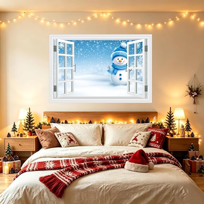 Fake Window Wall Decal- Winter Christmas Blue Snowman Snowflakes Sticker | ｜Faux Window Natural Scenery Landscape Mural ｜ Stick and Peel Wall Decal｜Room Bedroom Office Decor｜48"x32",Set of 2 Sheets - Image 4