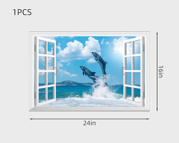 FLFK Fake Window Wall Sticker - Ocean Dolphins Faux Window Wall Mural for Wall Decor, Stick and Peel Wall Decals,24"x16" - Image 2