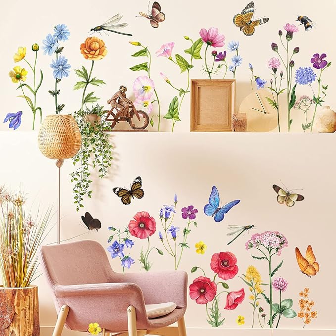 6 Pieces Flowers Wall Decals Vinyl Flowers Wall Stickers Removable Floral Murals Peel and Stick Colorful Flower Decor for Girls Bedroom Living Room Nursery (Butterfly and Dragonfly) by Incholl