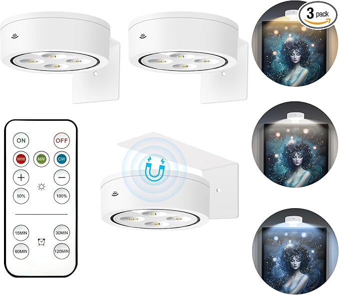 Picture Lights for Wall, Wireless Poster Lights Battery Operated, White | LED Magnetic Painting Light with Remote Dimmable, Timer＆3 Lighting Modes, Art Display Puck Light for Frame Portrait, 3 Pack by Kandicyar