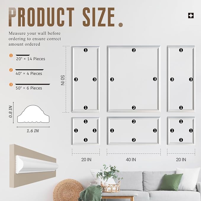 Peel and Stick Wall Molding Kit, Accent Wall Panels for Interior Wall Decor with Double-Sided Tape, 3 Set Pre-Cut PS Wainscoting Panels (50 * 40 in) - Image 2