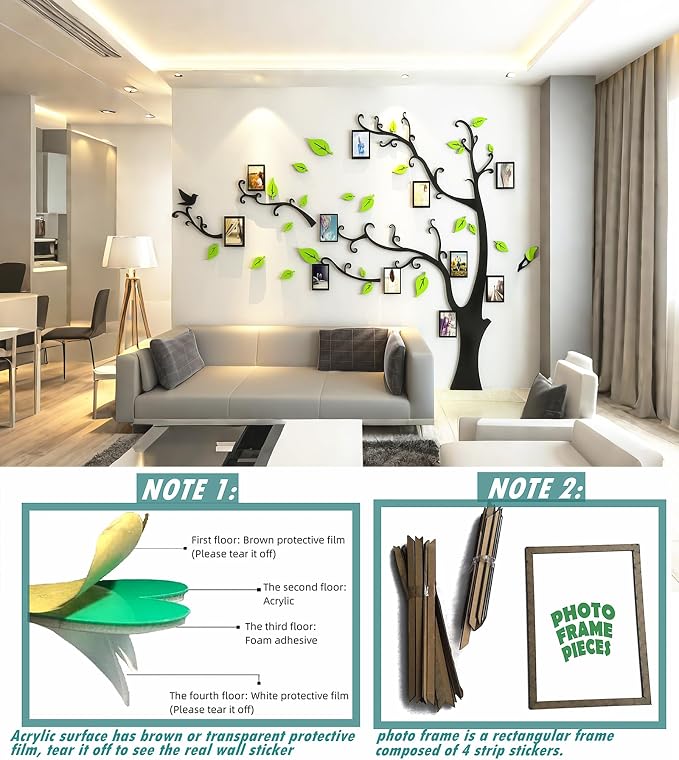 3D Tree Wall Stickers - DIY Photo Frame Tree Wall Decal Family Photo Frame Sticker Murals Wall Decor Living Room Bedroom TV Background Home Decorations (XXL:131 * 95in,Pale Green Left) - Image 5