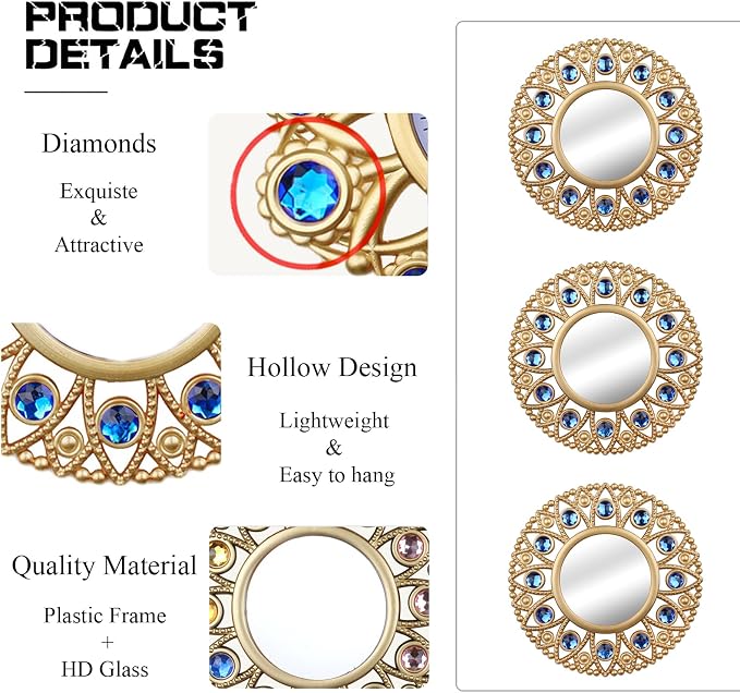 DXYAKY Gold Round Decorative Wall Mirrors Set of 3, Lightweight Plastic Framed Mirrors with Blue Crystal Accents, 9.8 Inch Vintage Boho Wall Decor for Livingroom, Bedroom, Entryway - Image 5