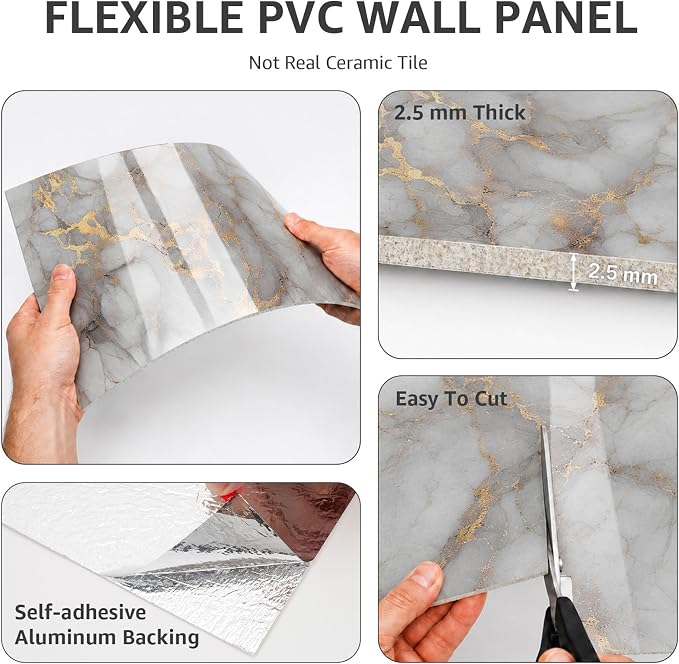 WADILE 20PC Waterproof Peel and Stick Wall Panels 11.8 x 11.8 Gold | Marble look, Self adhesive, PVC Panels, Lightweight Foam Wall Panels, Bathroom, Kitchen, Not Real Tile - Image 9