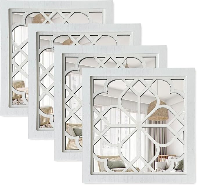 ZEXUIRU 4 Set Rustic Wall Mirrors for Bedroom Bathroom Living Room Entryway Wood Farmhouse Square Easy to Hang Framed Decorative Accent Hanging Wall-Mounted Mirror Set for Living Room -White by ZEXUIRU