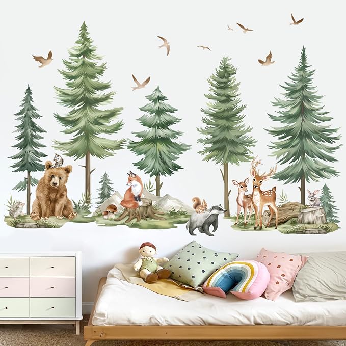 wondever Mountain Tree Wall Decals Forest Animals Bear Deer Wall Stickers | Peel and Stick, Removable, Wall Art Decals, Wall Decoration, Kids Room, Bedroom Baby Nursery Playroom Decor - Image 2