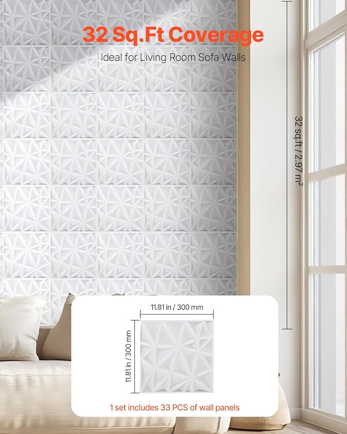 VEVOR 3D Wall Panels, 33-Pack 11.81 x 11.81 in PVC Modern Art Minimalist Diamond Tiles, 32 Sq.Ft Coverage Accent Wall Panel, Interior Home Decor for Ceiling, Bedroom, Living & Gaming Room, Matte White - Image 5