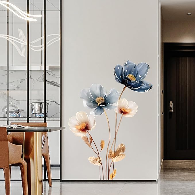 Gold Leaf Blue Flower Wall Decal PVC Wall Sticker Vintage Watercolor Floral Wall Art for Living Room Bedroom Home Decor - Image 3