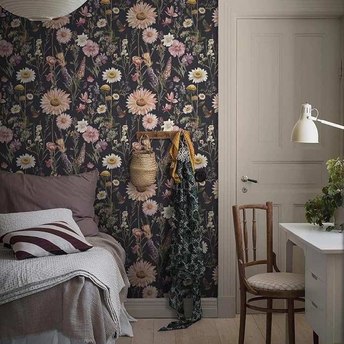 Livebor Dark Floral Peel and Stick Wallpaper for Bathroom 16.9” x 118.1” | Vintage Floral Contact Paper Waterproof Birds Boho Flower Self Adhesive Removable Wall Paper Decorative for Cabinets Vinyl - Image 4