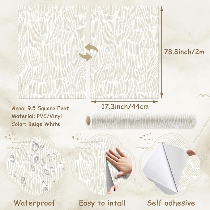 Theper Beige Peel and Stick Wallpaper Modern Contact Paper 17.3"×78.8" | Boho Striped Wallpaper Removable Self Adhesive Wall Paper for Bedroom Waterproof White and Gold Wallpapers for Cabinets Vinyl - Image 3