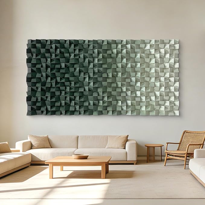 LIUZEYUE Forest-Tone Cube Mosaic, 3D Geometric Wood Wall Decor | wooden wall decor for living room; forest green and ivory, wood relief depth; conference room side wall; 27.6 x 55.1 in - Image 8