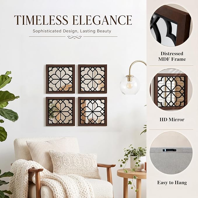 ZEXUIRU 4 Set Rustic Wall Mirrors for Bedroom Bathroom Living Room Entryway Wood Farmhouse Square Easy to Hang Framed Decorative Accent Hanging Wall-Mounted Mirror Set for Living Room -Walnut - Image 5