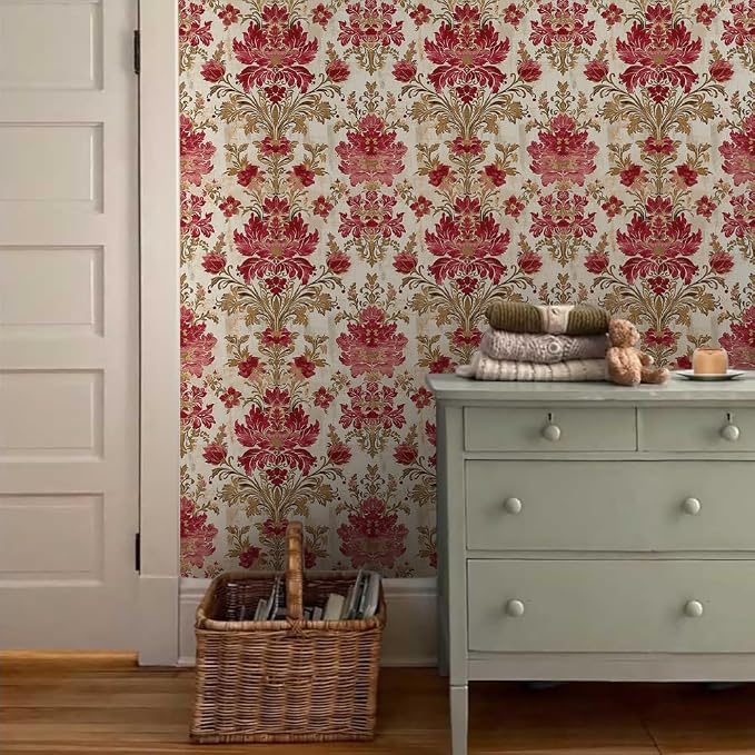 18"x236" Classical Beige Red Damask Flower Retro Peel and Stick Self Adhesive Wallpaper Removable Contact Paper Stick on Easy Peel Off Wall Paper for Kitchen Bedroom Bathroom Renter - Image 3