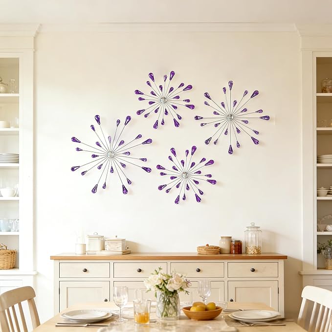 ZEXUIRU 4 Set Silver Starburst Wall Art for Home Decor Metal Bling Crystal Rhinestones Sunburst Wall Decor Sparkling Rhinestone Art Accent -Purple 13in/11.8in/9.8in/9.8in - Image 2