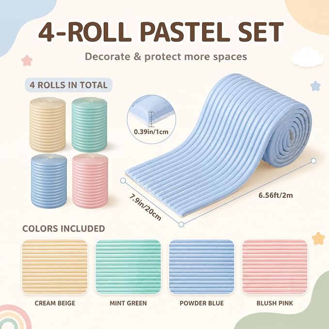 7.9 x 78.7 Inch Wall Padding for Kids, Yellow, Green, Blue, Pink, 4 Roll | Anti Collision Wall Padding Padded Wall Panels 3D DIY Headboard for Autism Playroom Nursery Bedroom Living Room Corner Guards - Image 2