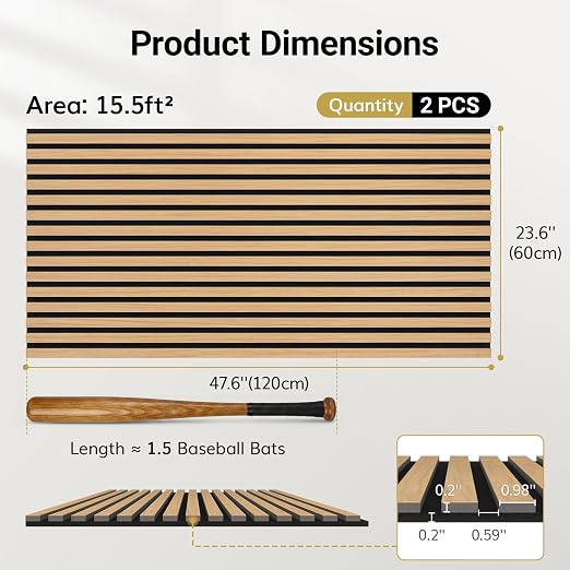 TONOR Wood Wall Panels for Interior Wall Decor-2 Pack 47.2" x 23.6" | Wood Slat Acoustic Panels-15.5ft² for Noise Cancelling and Wall Décor Living Room, Bedroom, Home Decor, Office, Teak - Image 4