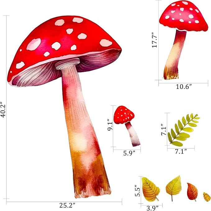 Red Mushroom Woodland Fall Leaves Nursery Wall Decals for Kids Room Decor | Boho watercolor peel and stick removable vinyl DIY wall decor sticker for kids nursery living room bedroom playroom classroom - Image 2