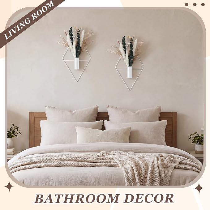 Canlierr 4 Pcs White Wall Decor Hanging Planters with Artificial Plants Eucalyptus Pampas Grass Metal Hanging Vase Indoor Plants Holder Modern Boho Wall Art for Bathroom Bedroom Living Room Decor - Image 5